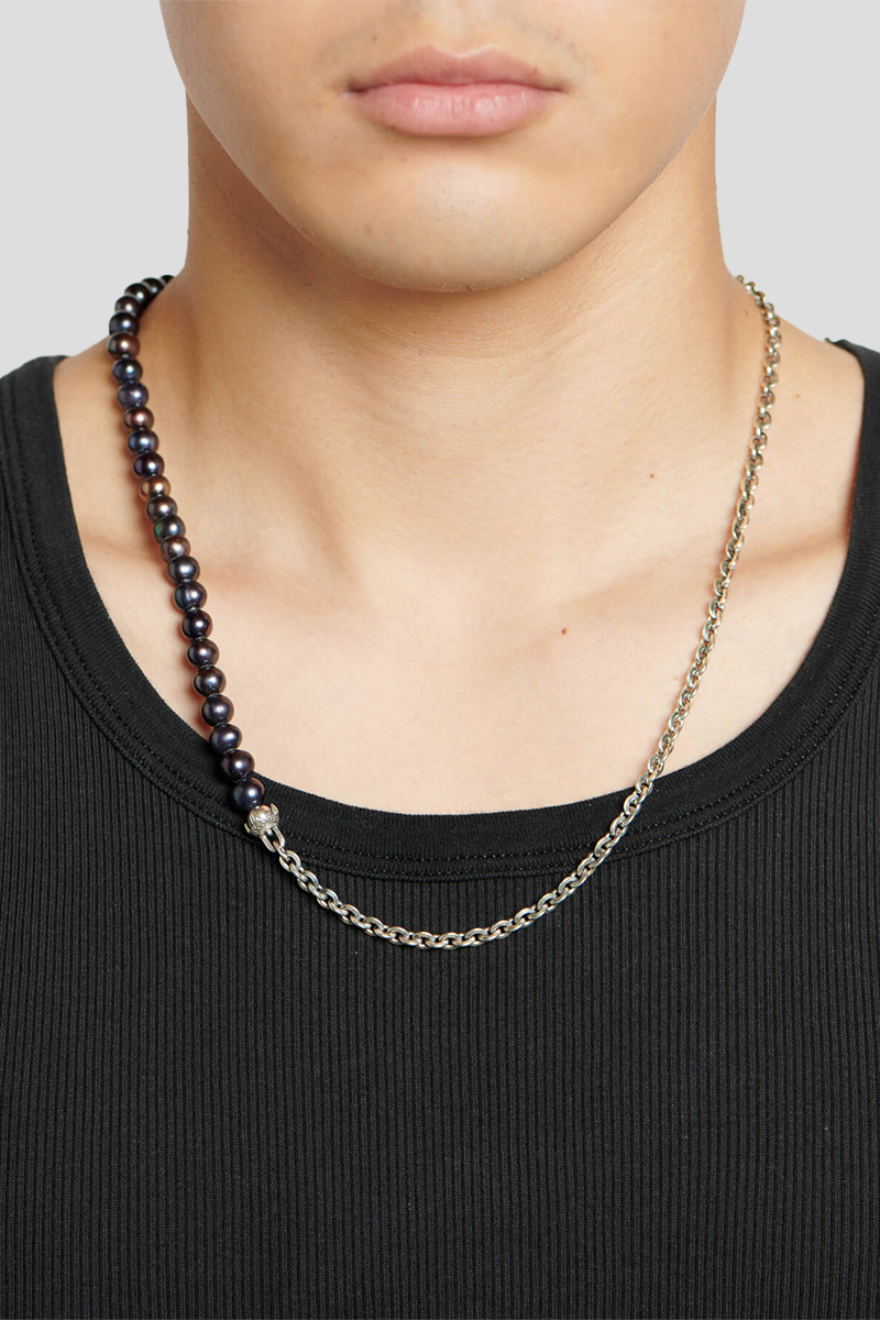 Ανδρικό-Ασημί-Half-Chain-and-Black-Pearls-Necklace-EMANUELE-BICOCCHI