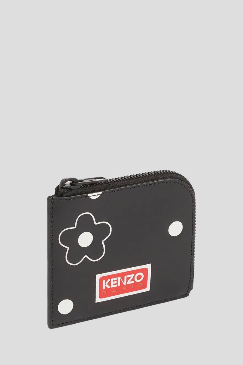 Ανδρικό-Μαύρο-Floral-Print-Leather-Rounded-Wallet-KENZO