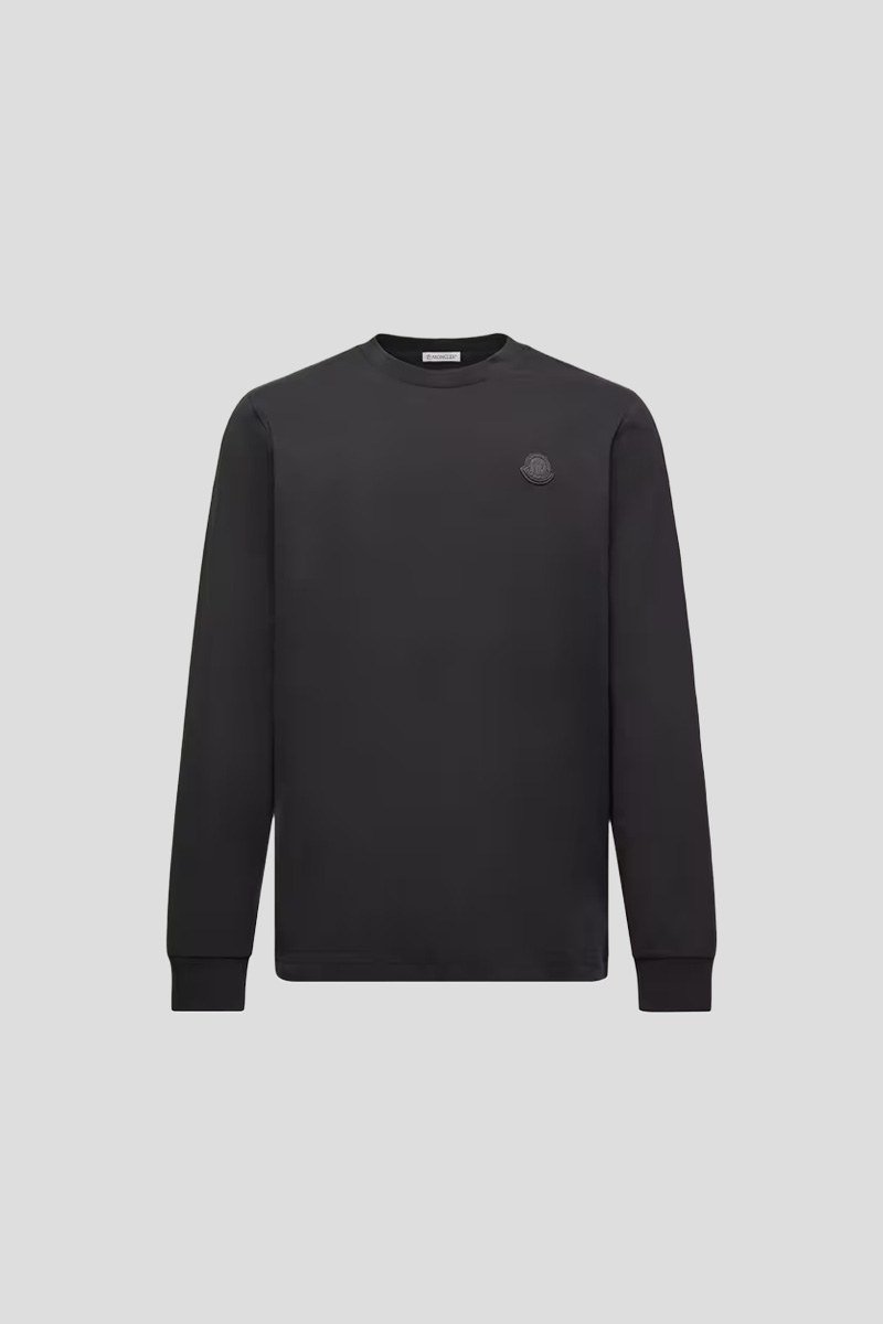 Ανδρικό-Μαύρο-Leather-Logo-Long-Sleeve-Cotton-T-Shirt-MONCLER
