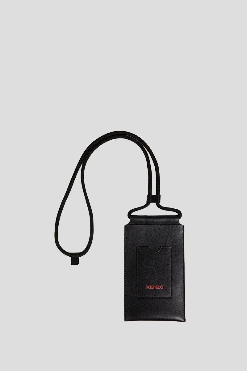 Ανδρικό-Μαύρο-Letter-Logo-Cow-Leather-Cell-Phone-Pouch-KENZO
