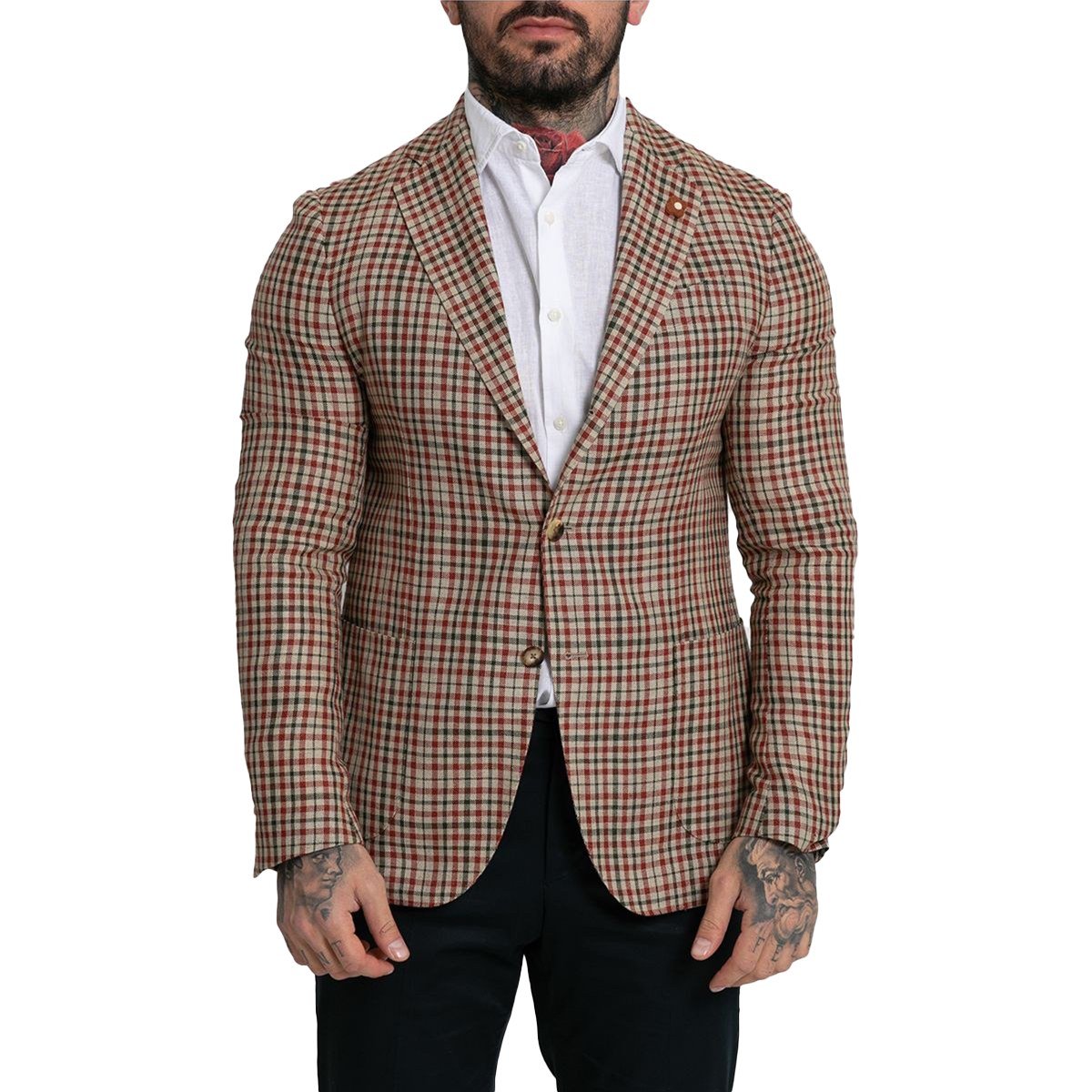 Ανδρικό-Μπεζ-Two-Button-Check-Fitted-Blazer-LARDINI