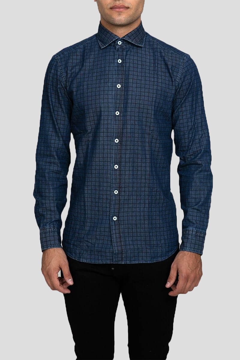 Ανδρικό-Μπλε-Blue-Slim-Fit-Box-Check-Shirt-BASTONCINO