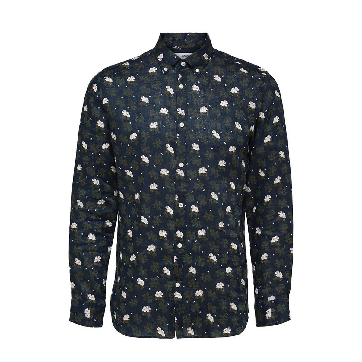 Ανδρικό-Πολύχρωμο-Button-Down-Formal-Linen-Shirt-SELECTED-HOMME