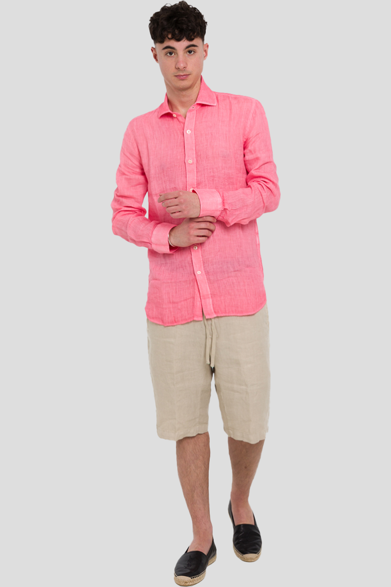 Ανδρικό Ροζ Plain Linen Shirt 120% LINO